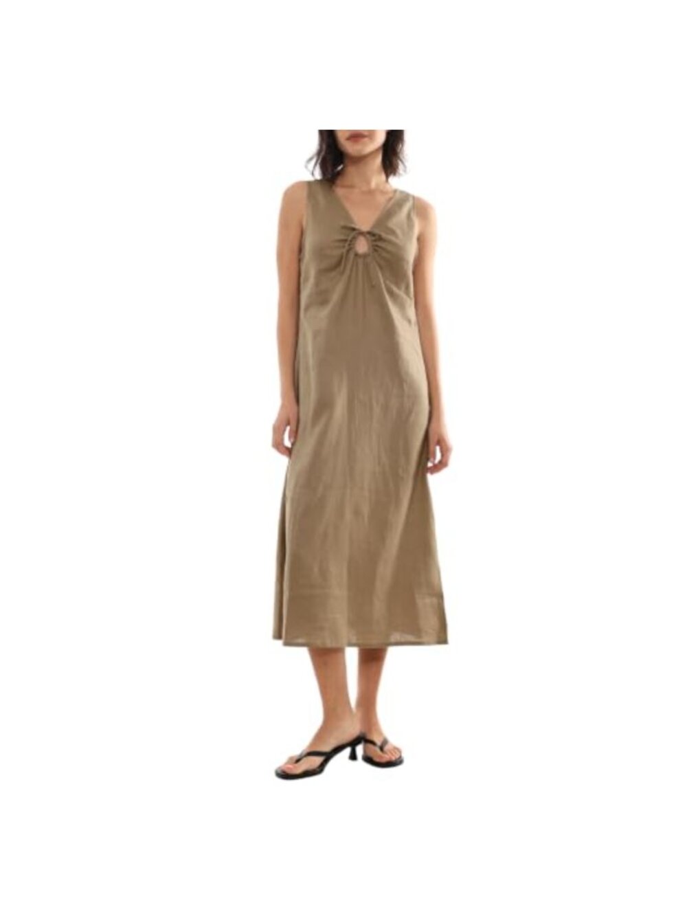 100% Linen Women's Sleeveless Midi Dress V-Neck Front Self Tie